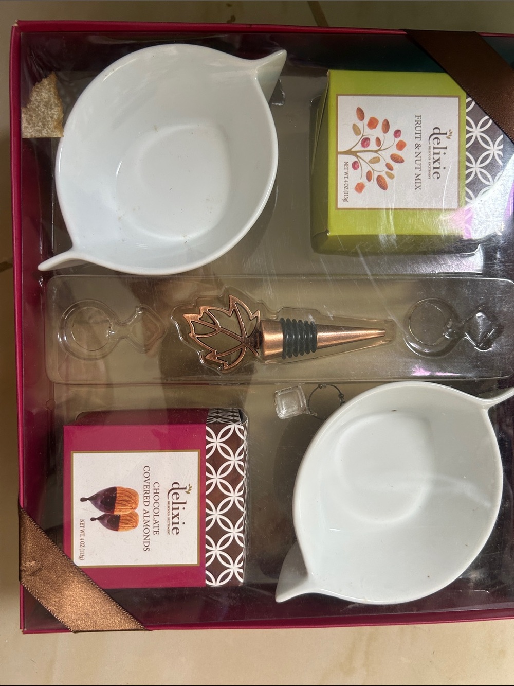Luxe White Ceramic Dip Bowls with Rose Gold Leaf Bottle Stopper Gift Set